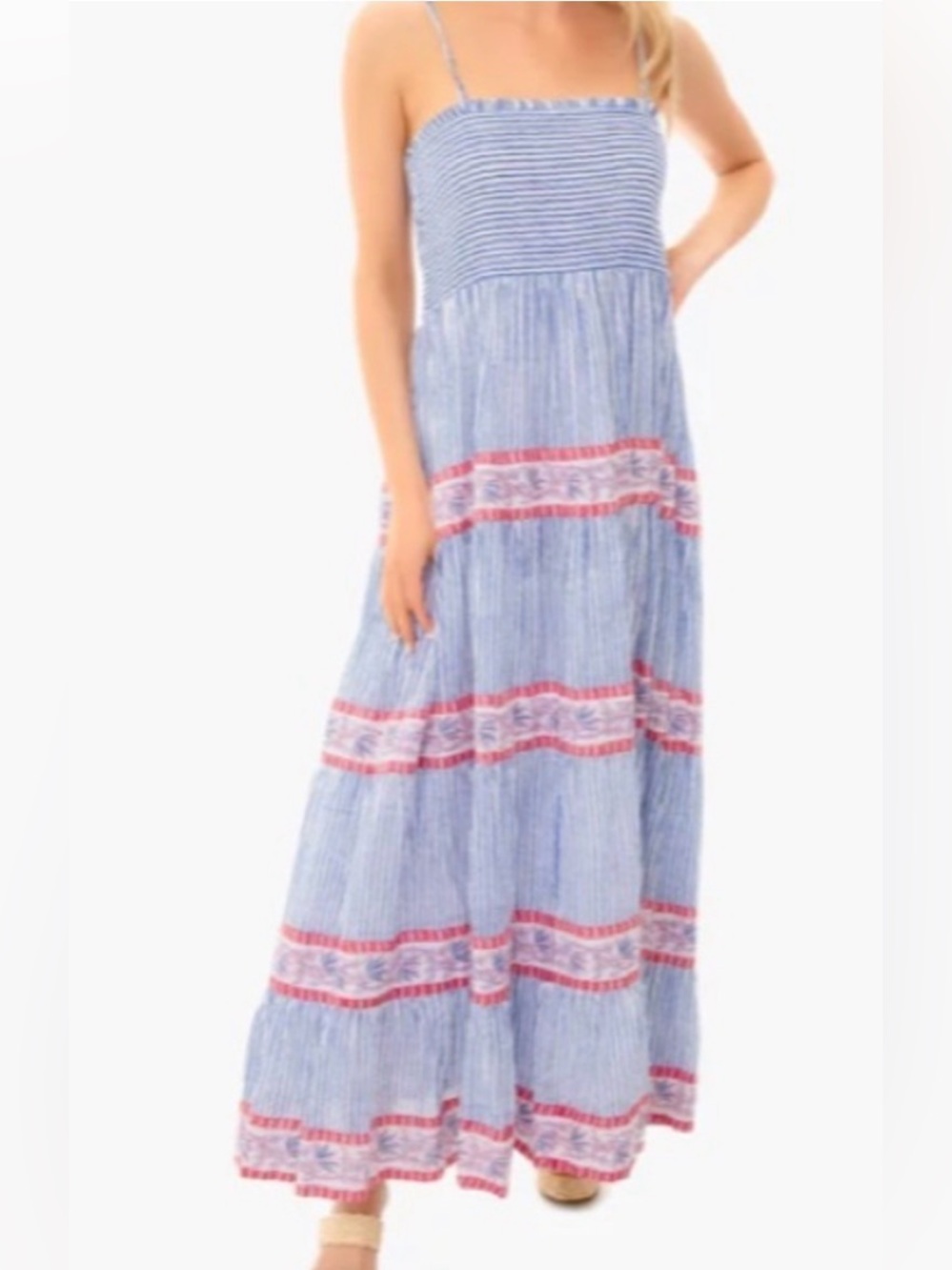 Oliphant Tuckernuck Hamble Smocked Back Maxi Dress Tiered Stripes Large